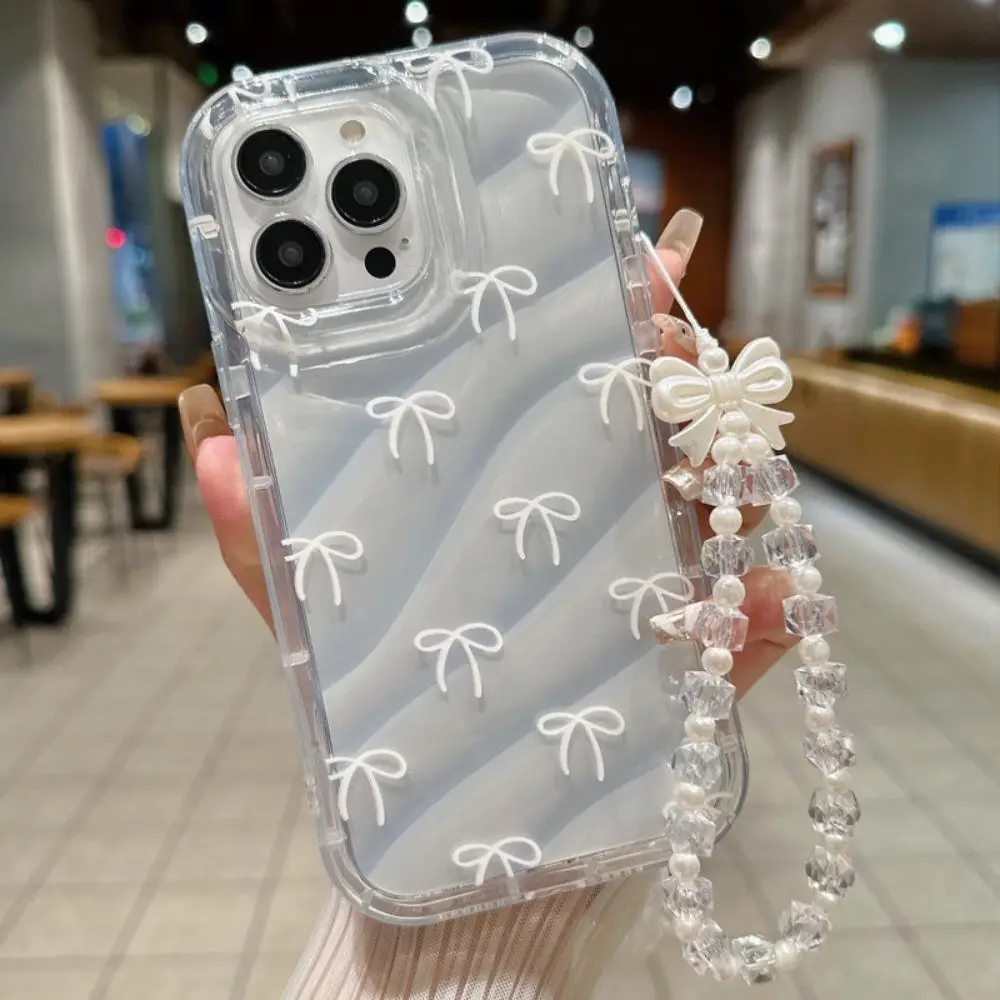 Bowknot Pattern Phone Case with Wrist Strap, Shockproof Phone Protective Cover, Fashion Phone Accessories Compatible with iPhone 11 12 13 14 15 16 Pro