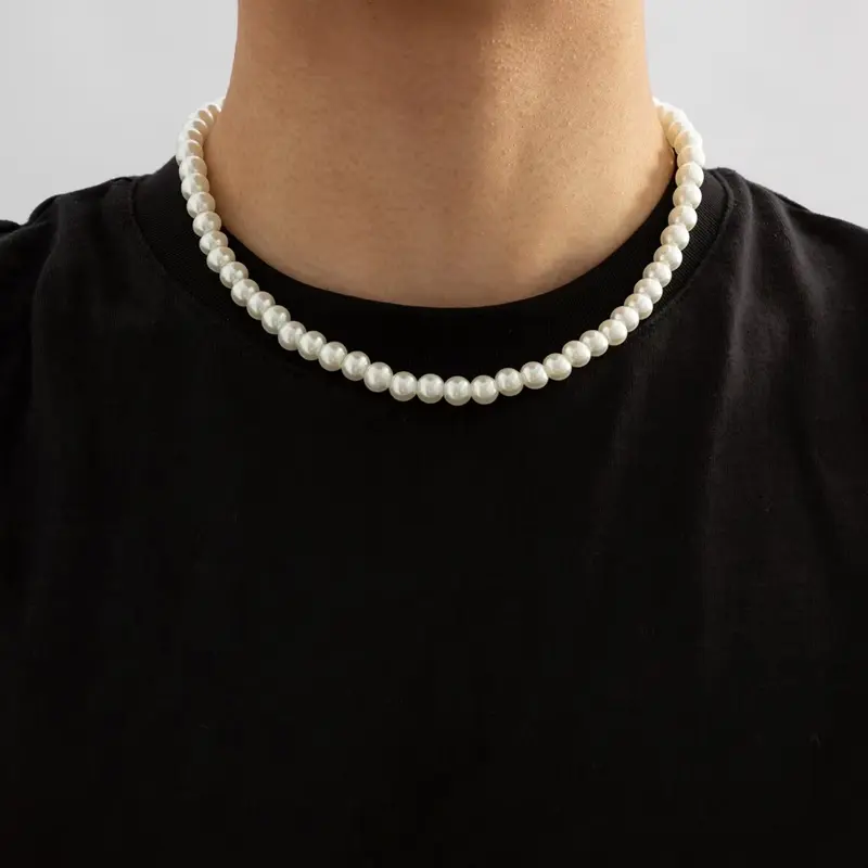 Simple Imitation-Pearl Beaded Short Choker Necklace for Men Trendy White Beaded Chains on Neck Accessories 2026 Fashion Jewelry