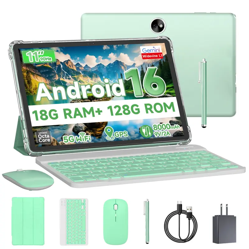 T606 11-inch Ultra-Thin Android Tablet (4GB Physical RAM, 128GB ROM/1TB Expandable), Octa-Core, 5MP Front/13MP Rear Cameras, 8000mAh Battery, Bluetooth 5.0, with Keyboard, Mouse, Stylus, Case, 1×Type-C Charging Cable - Ideal for Students, Work