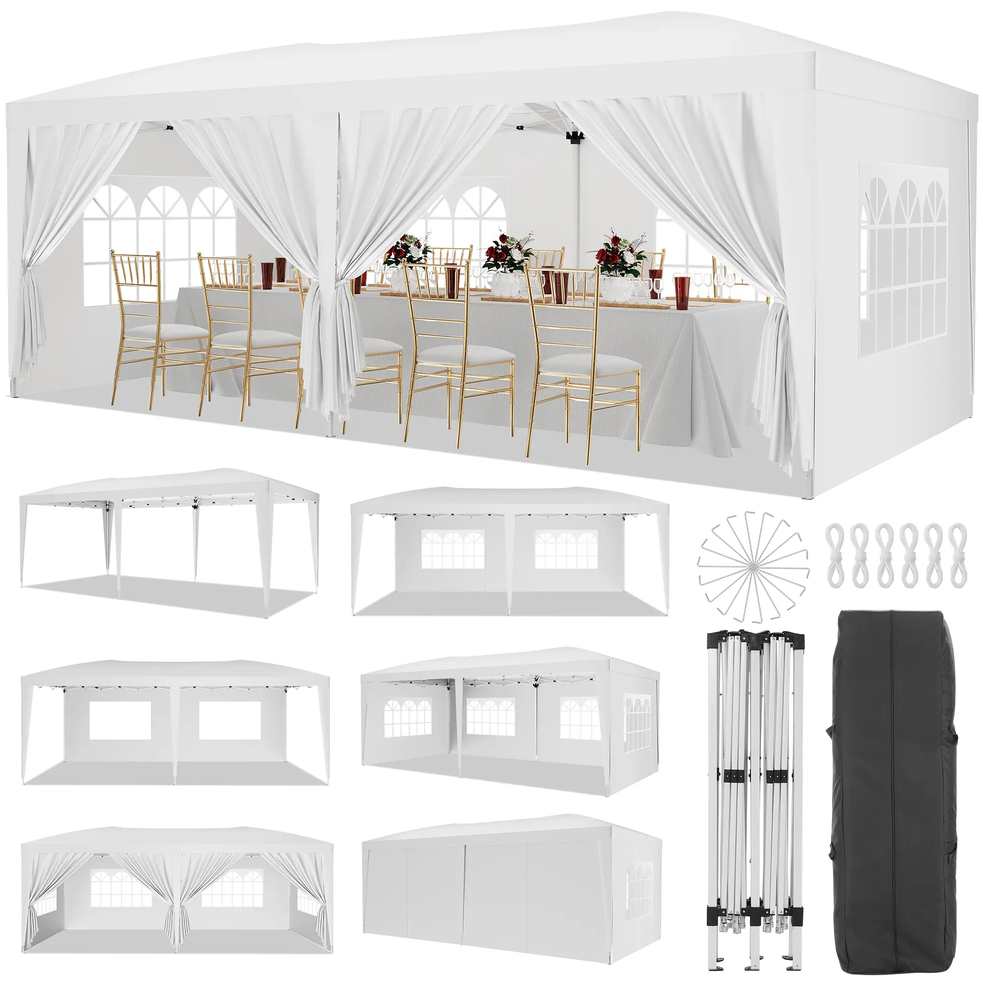 10x20 Heavy Duty Pop Up Gazebo Tent With 6 Removable Sidewalls Waterproof Outdoor Event Party Tent 3 Adjustable Heights Folding Pavilion With Stakes And Ropes For Wedding