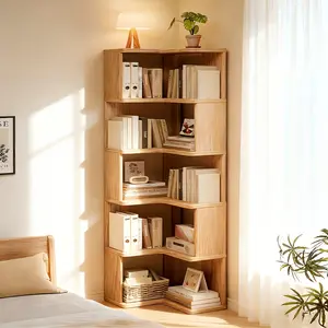 3/5-layer corner bookshelf, L-shaped solid wood floor-standing storage rack, space-saving design suitable for living rooms and home offices, light brown finish, perfect for various uses such as book display and decoration, easy to assemble tiktokshopsprin