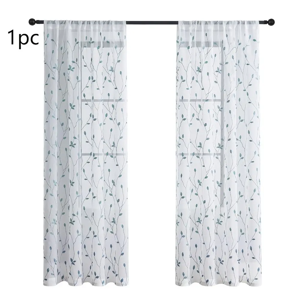 Transparent Ivy Leaf Embroidered Curtain Panel, Thin Sheer Room Divider, Leaves Voile, Rod Pocket Design