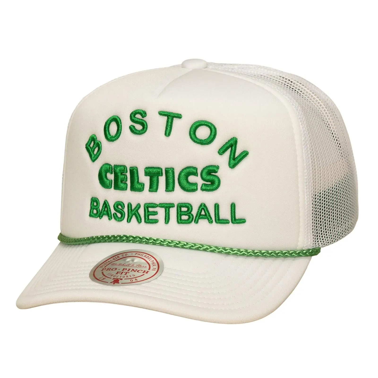 Boston Celtics Fresh White Pro Pinch Trucker Snapback NBA Throwback Cap Adjustable Fan Gear Mitchell & Ness
