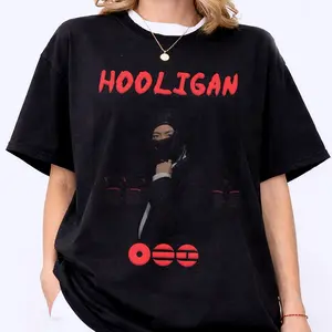 Hooligan Graphic Tee, Dark Shirt, Kpop Inspired Rebel Aesthetic Cotton Fabric Crew Neck Short Sleeve Vintage Streetwear Trendy Top For Men For Women