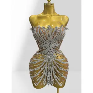 Chic Rhinestone Sexy Sheer Mesh Strapless Dress Fashion Hot Party Birthday Party Dress Singer Dancer Performance Evening Gown