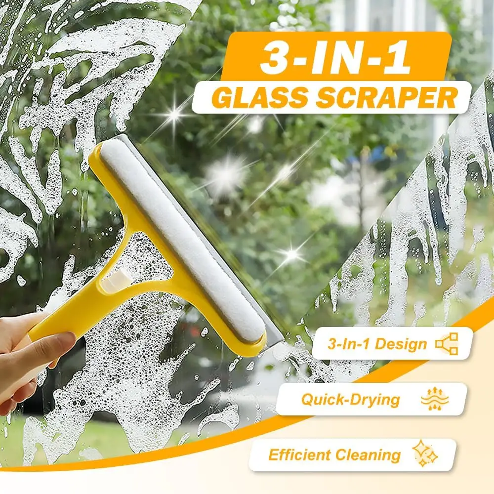 3 in 1 Window Cleaning Scraper, 2025 New Squeegee for Shower Glass, 3 in 1 Spray Function for Glass Doors for Windows Glass, Mirrors Scraper, Brush. A
