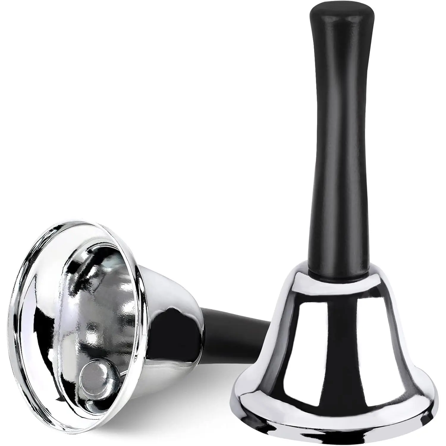 2 Pack Hand Bell, Silver Steel Bell, Ringing Bell with Handle, Dinner Bells for Inside Classroom Bell, for Food Line, Alarm, Jingles, Ringing (Silver)