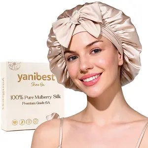 YANIBEST 22 Momme 6A Grade 100% Mulberry Silk Bonnet for Sleeping Women Double Layer Silk Sleep Bonnet with Tie for Long Curly Hair,Silk Sleep Cap Black