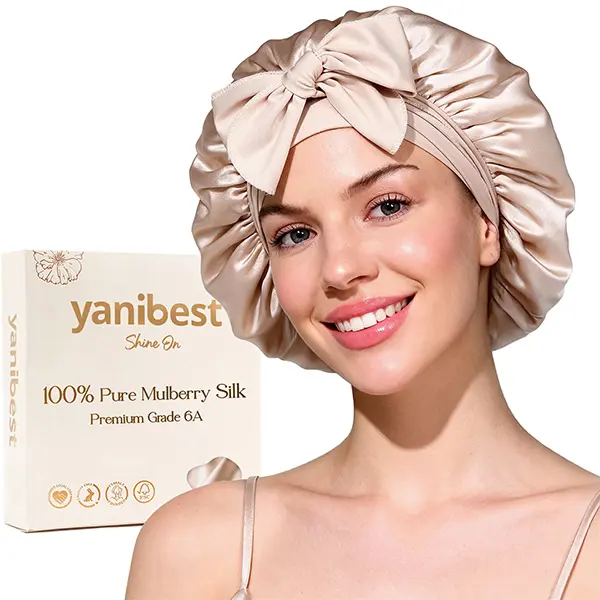 YANIBEST 22 Momme 6A Grade 100% Mulberry Silk Bonnet for Adults' Long Curly Hair - Double Layer, 2.8 in Adjustable Elastic Haircare Night Wear with Tie, Breathable for Heatless Curls Overnight to Reduce Frizz