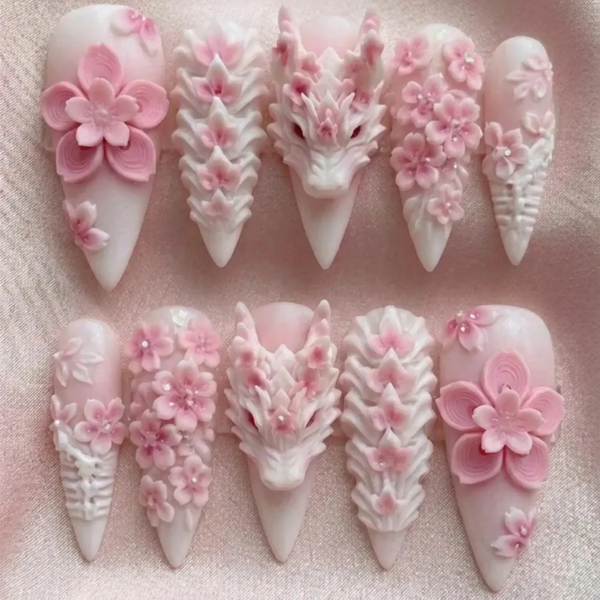 Pink Dragon Sakura Press On Nails, Hand-Sculpted 3D Fantasy Art, Cherry Blossom Set