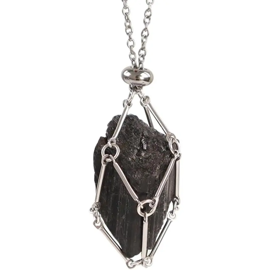 Adjustable Length Stainless Steel Crystal Holder Necklace - Handmade Cage Pendant for Quartz Gemstones, Unisex Fashion Jewelry Gift, Adjustable Length Necklace, Crystal Necklaces, Stainless Steel Cage