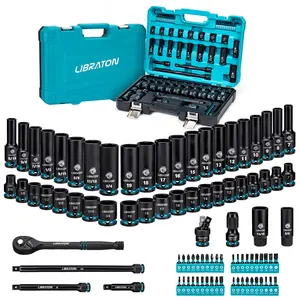 LIBRATON 3/8" Drive Impact Socket Set, 90PCS SAE & Metric Cr-V Deep & Shallow Impact Driver Sockets with Extension Bars, Ratchet Handle, Screwdriver Bits, Spark Plug Sockets, Adapter, Universal Joint