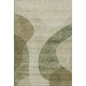 HomeRoots 654821 3 x 5 ft. Beige & Olive Green Geometric Washable Machine Made Rectangle Area Rug with UV Protection