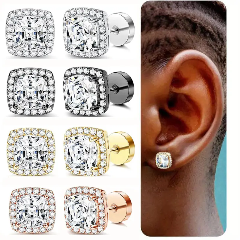 4 Pairs Stud Earrings for Women Girls, Flat Back Earrings Jewelry | Hypoallergenic Stud Earrings Set, Flat Back Cubic Zirconia Earrings Stack, Women and Men Jewelry, Gifts for Women Girls