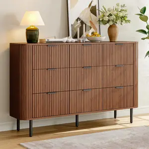 ONBRILL Fluted Dresser for Bedroom with 9 Drawers, 53 inch Chest of Drawers, Mid Century Modern Long Dressers with Curved Profile Design for Closet, Wood TV Stand for Living Room, Hallway