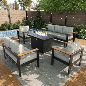 【3/4/5 Packages Shipping】LayinSun Aluminum Outdoor Furniture Set with Fire Pit Table, Outside Patio Deep Seating Conversation Set with Upgraded Washable Thick Cushion
