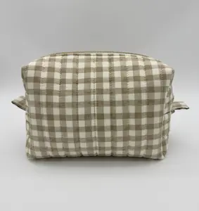 Handmade Boxy Makeup & Toiletry Bags - Brown & Cream Gingham Pattern