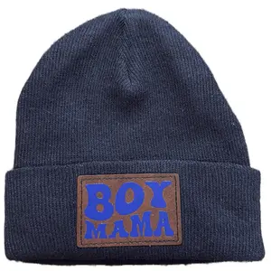 Boy Mama Beanie - Navy Blue Knit Hat with Blue Leather Patch for Stylish Warmth
