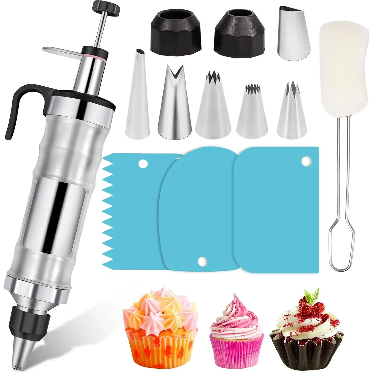 Dessert Decorating Syringe Set Icing Piping Kit Stainless Steel Cake Decorating Tools 6 Russian Piping Nozzles Cream Scraper Cupcake Icing Filling Syringe Cake Icing Tools