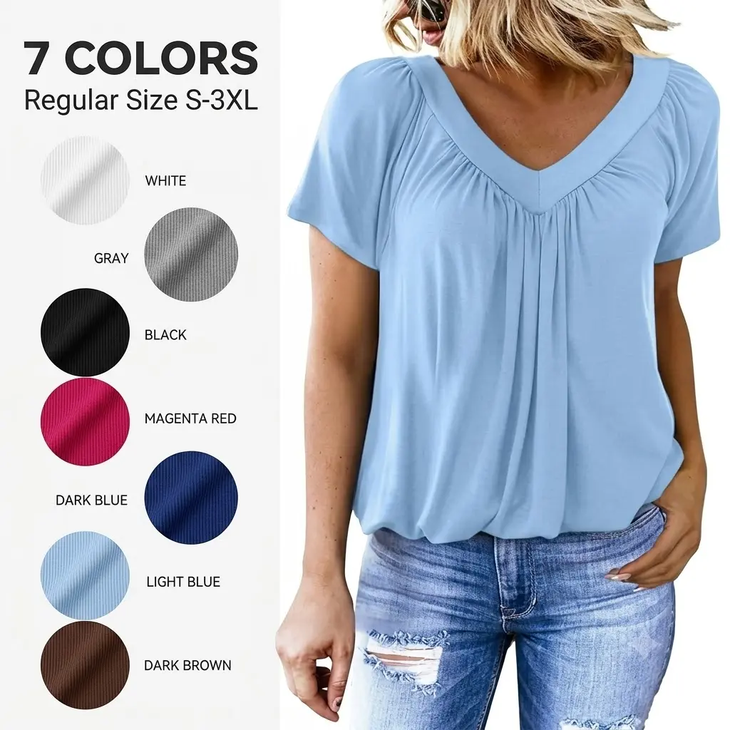 Women's Casual Summer Short Sleeve V Neck Tops T-shirts - Loose Fit & Comfortable Shirring Top