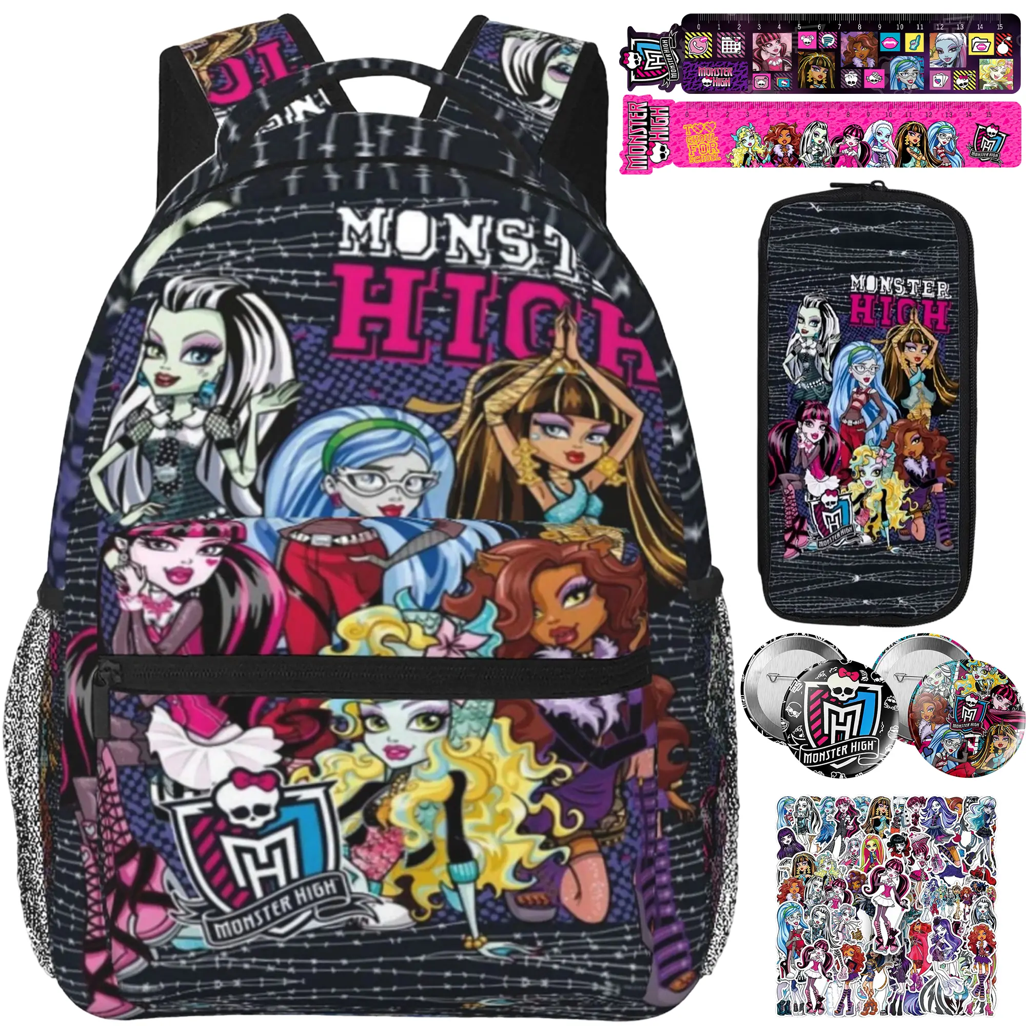 Monster High Graphic Daypack Backpack Set, Features Backpack, Pencil Case, 2 Rulers, 2 Badges & 10 Stickers, Doll‑Print Laptop Bookbag for Teen Girls, Monster High Merch Travel Bag, Ideal Present for Birthday Xmas Holiday
