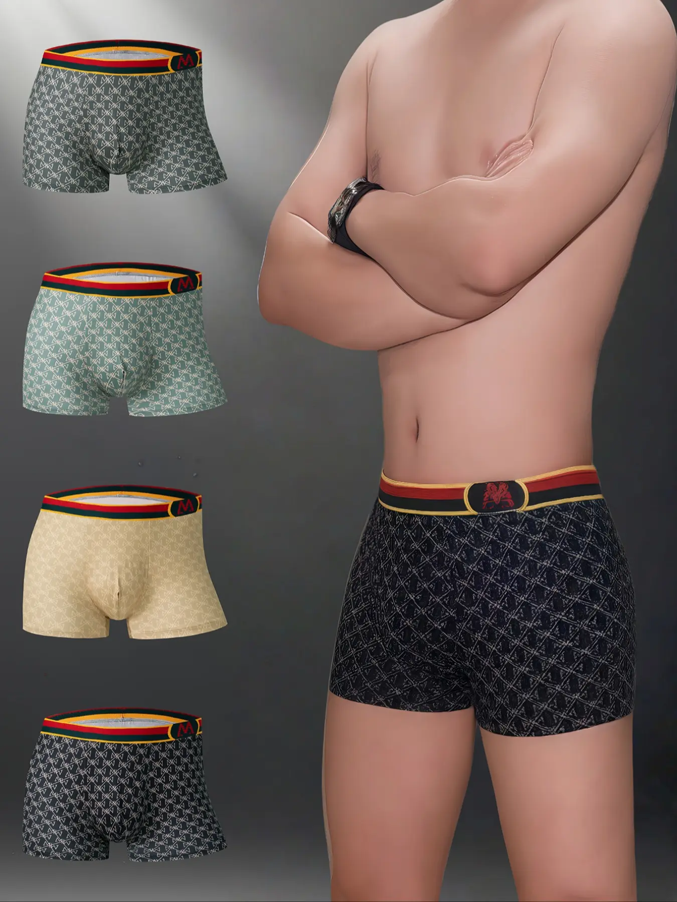 Men's Fashion Printed Underwear Set, Breathable Fabric Elastic Waistband, Stylish Letter Pattern, Comfortable and Trendy, Casual Style Underwear, 4 Pieces Pack, Casual Fitted Briefs