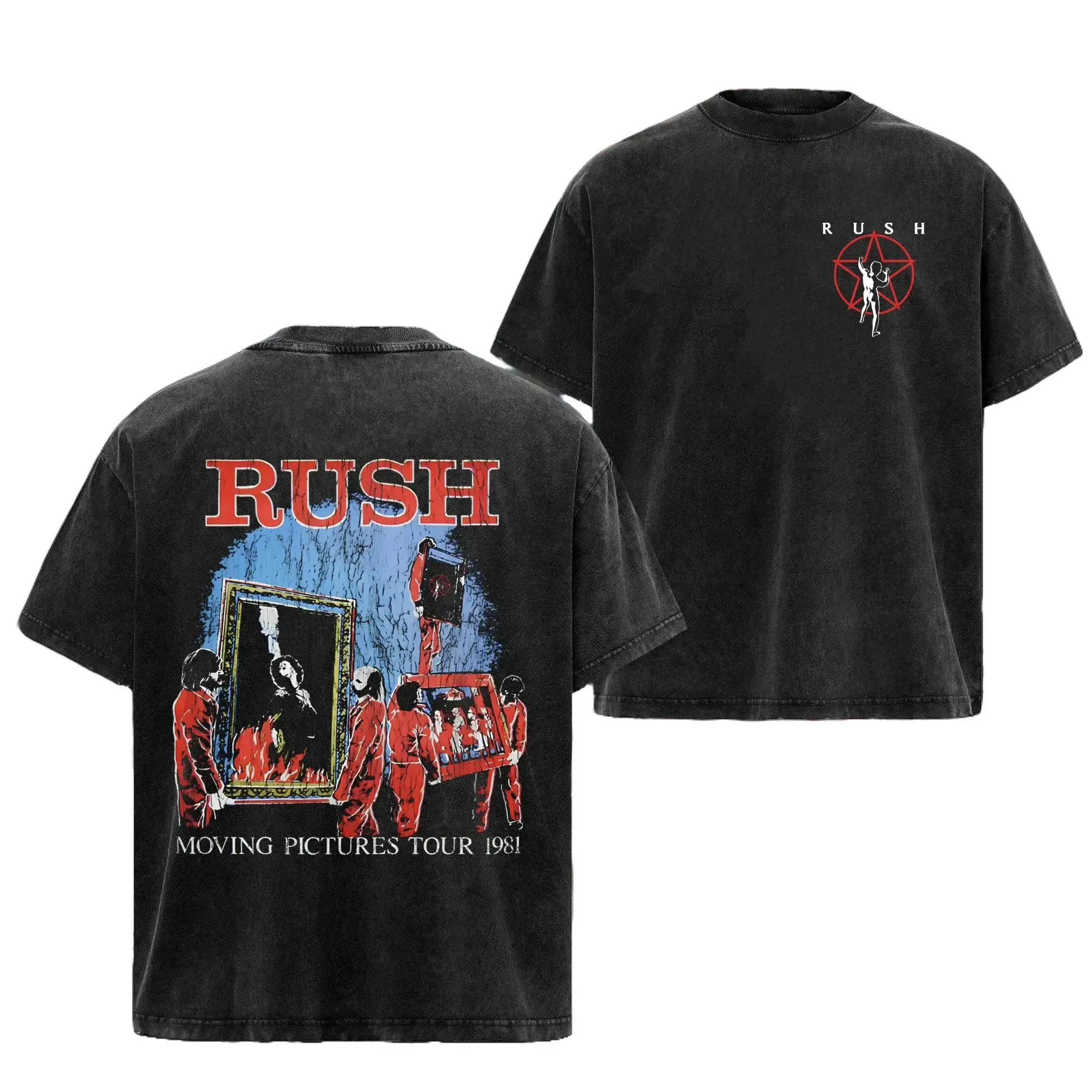 [HM]100%cotton Vintage Washed Rush Moving Pictures Tour 1981 Double Sided T-Shirt, Starman Logo Front Retro Progressive Rock Band Oversized Tee, Distressed Vintage Concert Graphic Streetwear Casual Top For Classic Rock Fans,casual summer tee,couple gift