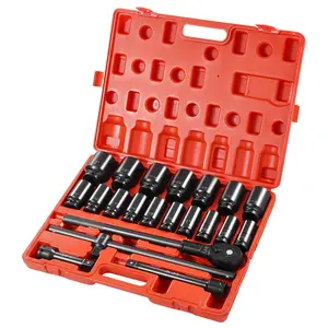 22-Piece 3/4 in Drive Abrasion-Resistant Alloy Steel High-Torque Impact Socket Set, Deep SAE Sockets (7/8 in to 2 in) with Adapters and Ratchet Handle for Wheel Nuts, Deep Sockets