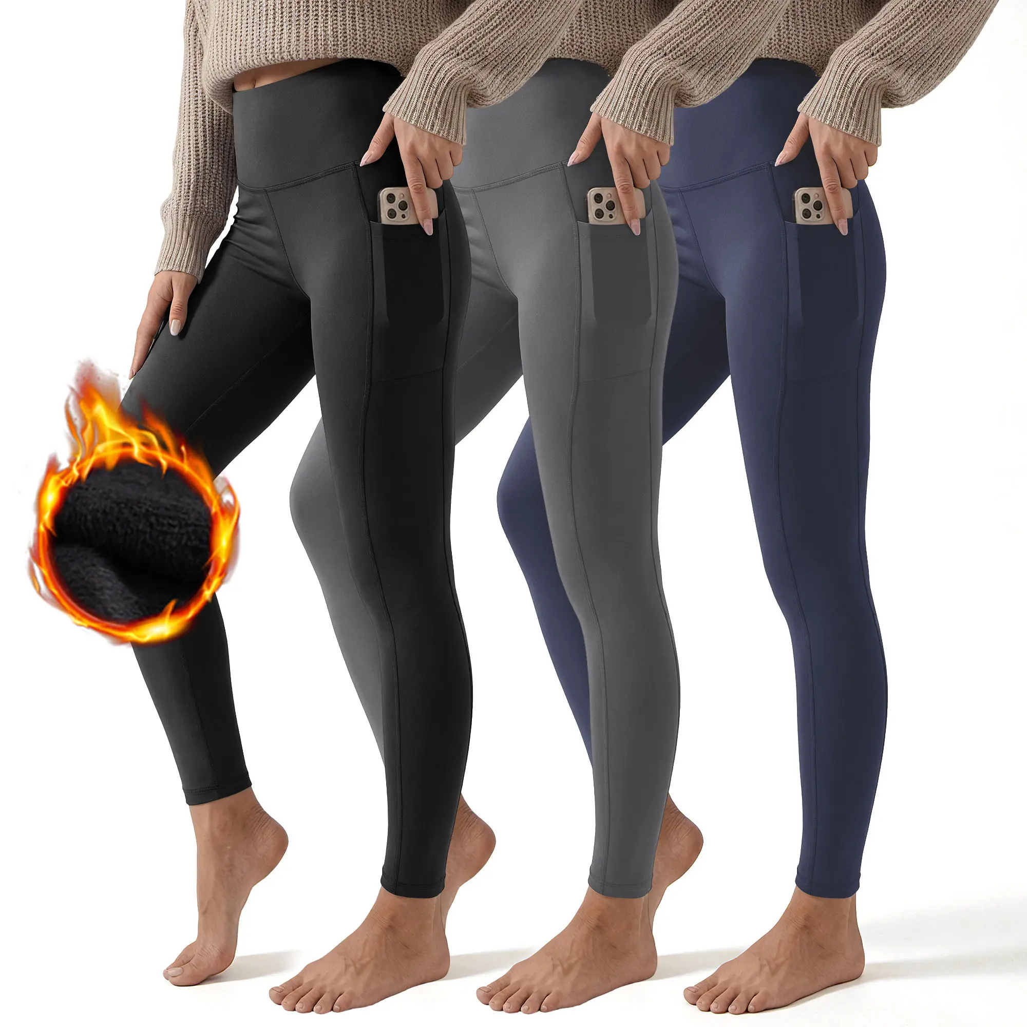 SHOWITTY Outlets Women's High-Waisted 1/3 Pack Fleece-Lined Leggings with Pockets Warm Thermal Yoga Pants SHOWITTY Outlets Women's High-Waisted 1/3 Pack Fleece-Lined Leggings with Pockets Warm Thermal Yoga Pants