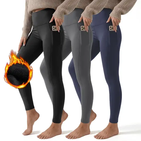 SHOWITTY Outlets Women's High-Waisted 1/3 Pack Fleece-Lined Leggings with Pockets Warm Thermal Yoga Pants