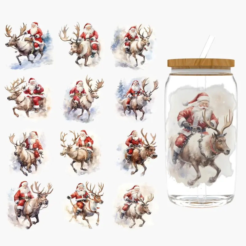 UV DTF Cup Wraps for 16 oz, Reindeer Santa Claus Waterproof Transfer Stickers, Suitable for Coffee Cup DIY Crafts