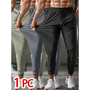 1pc Men'S Breathable Ice Silky High-Elasticity Fabric Jogger with Drawstring Waist, Zipper Pockets - Casual Sports Cropped Pants for Weekend Wear, Solid Color, Regular Fit, Wear| casual sporty style| drawstring Waistban