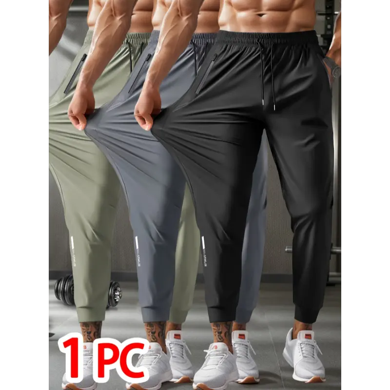 1pc Men'S Breathable Ice Silky High-Elasticity Fabric Jogger with Drawstring Waist, Zipper Pockets - Casual Sports Cropped Pants for Weekend Wear, Solid Color, Regular Fit, Wear| casual sporty style| drawstring Waistban