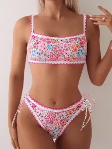 Women's Floral Print Bikini Set, Square Neck Thin Straps, Wave Hem Side Tie Pants, Boho Style Swimwear for Beach Vacation Pool Party Bikini Swimsuit Set