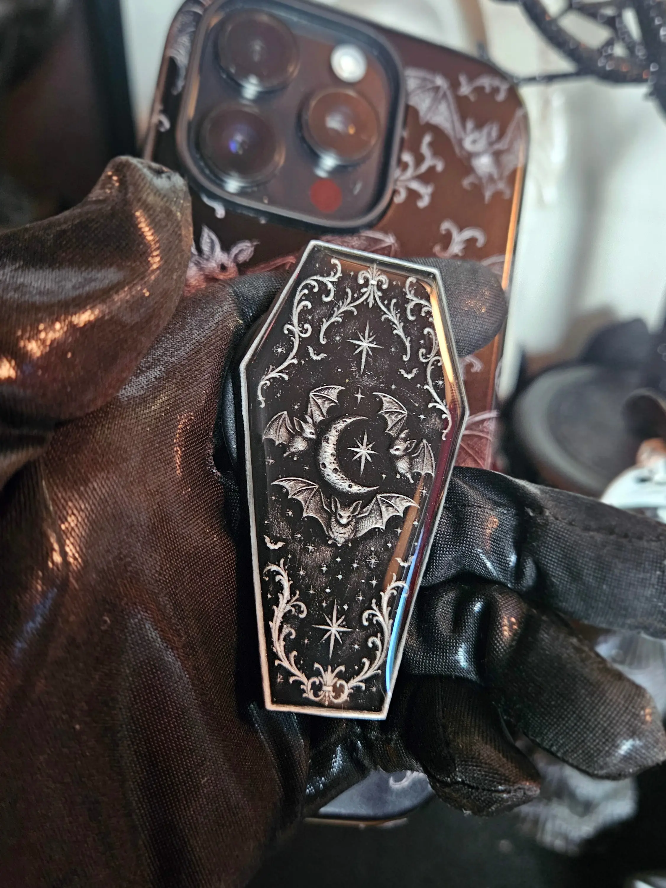 The Moonlight Reliquary – Bats and Crescent Moon Phone MagSafe or Adhesive Grip | Hand-Painted 3D Resin Relief