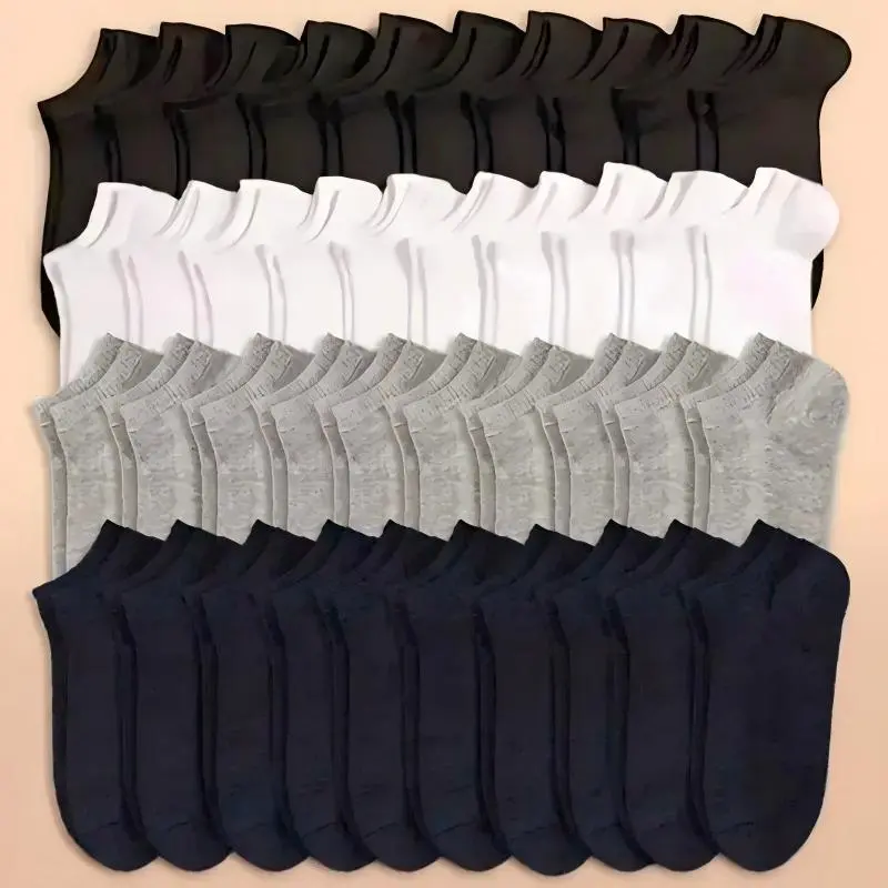 Men's 30 pairs of spring and summer solid color lightweight, low cut, sweat absorbing, breathable, casual and simple boat socks Plain