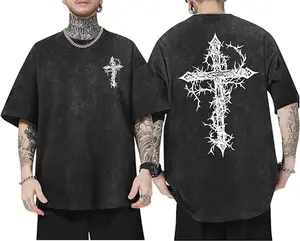 Menswear Short-Sleeve T-Shirt, Washed Black Thorn Cross Graphic, Unisex Oversized Casual Streetwear Top Round Neck Tshirt ootd,en's clothes,marlon,me core,my look alike,cowpoke,neon black,drew