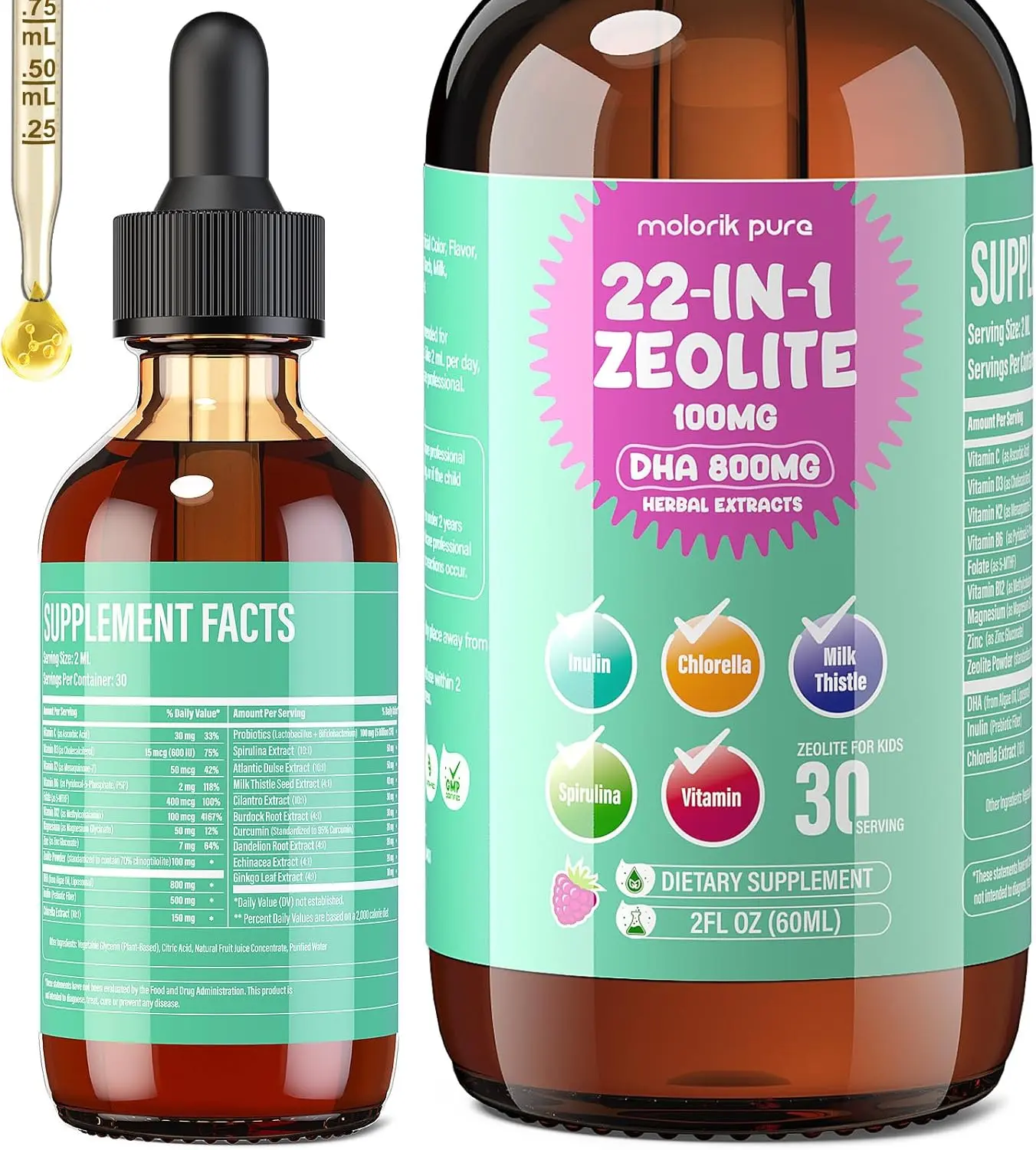 Zeolite Detox for Kids and Adults, Herbal Detox with 800mg DHA, 500mg Inulin, Probiotics & Vitamin B12, D3, C, B6, Cilantro Extract Cleanse to Support Brain, Immune, Gut, Energy, Berry Flavor, 60ML