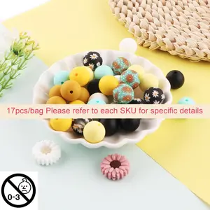 Silicone Beads Kit, 17pcs/set Sunflower Design Beads & 15mm Solid Color Beads & Printed Beads, DIY Jewelry Making Supplies