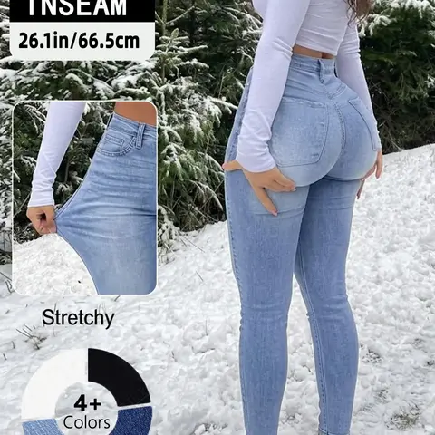 GILIPUR Women's Light Blue Washed High Waist Skinny Jeans, Stretchy Pocket Jeans, Slim Fit Tummy Control High Stretch Ankle Length Cotton Denim Trouser Pants with Pockets, Button, Casual Daily Commute Streetwear Winter Outfits for Women TChic Womenswear