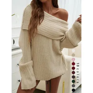 Women's Solid Off Shoulder Drop Shoulder Sweater, Elegant Fashion Casual Long Sleeve Jumper for Daily Outdoor Wear, Women Knitwear for Fall & Winter