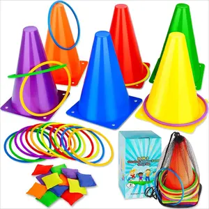 P-OGP023   3 in 1 Carnival Games Set, Soft Plastic Cones Bean Bags Ring Toss Games for Kids Birthday Party Outdoor Games Supplies Combo Set