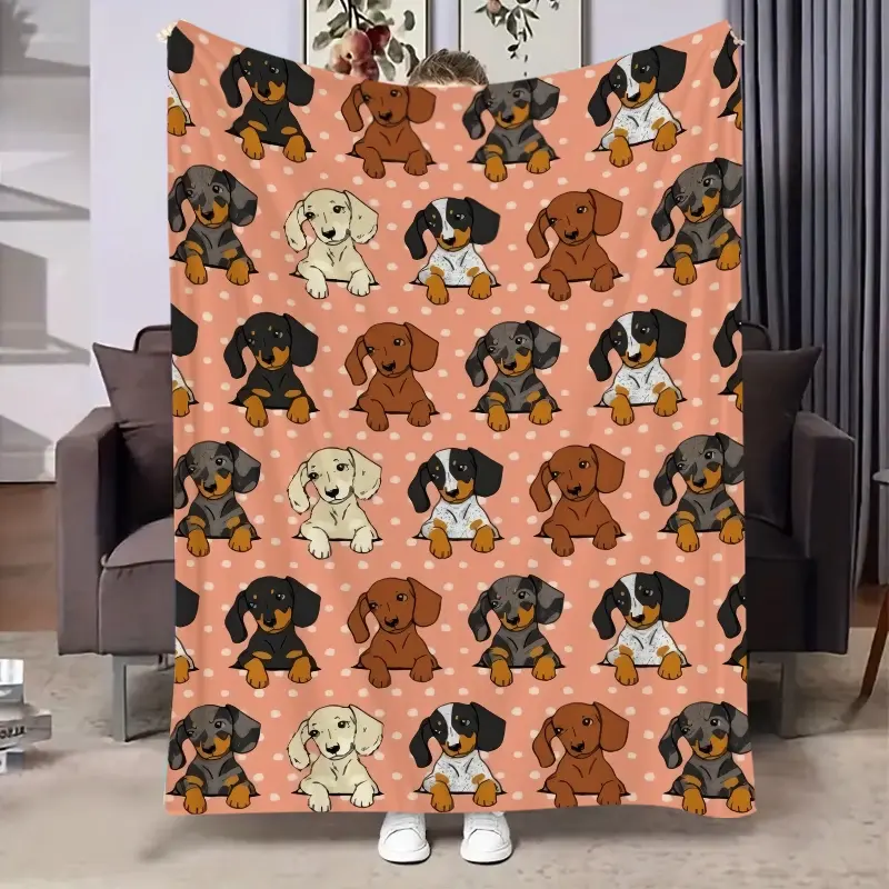 Soft Dachshund Print Flannel Printed Blanket, Cozy Throw Blanket for Sofa, Bed, Office, Camping and Travel, Lightweight Plush Blanket for All Seasons