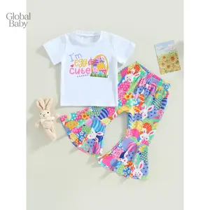 Global Baby Kids Girls Clothes, Easter Short Sleeve Round Neck Rabbit Print Tops Bell-Bottoms  Years Girls' Casual Pants with Pleated Wide Model, Colorful Pattern, Elastic Waistband
