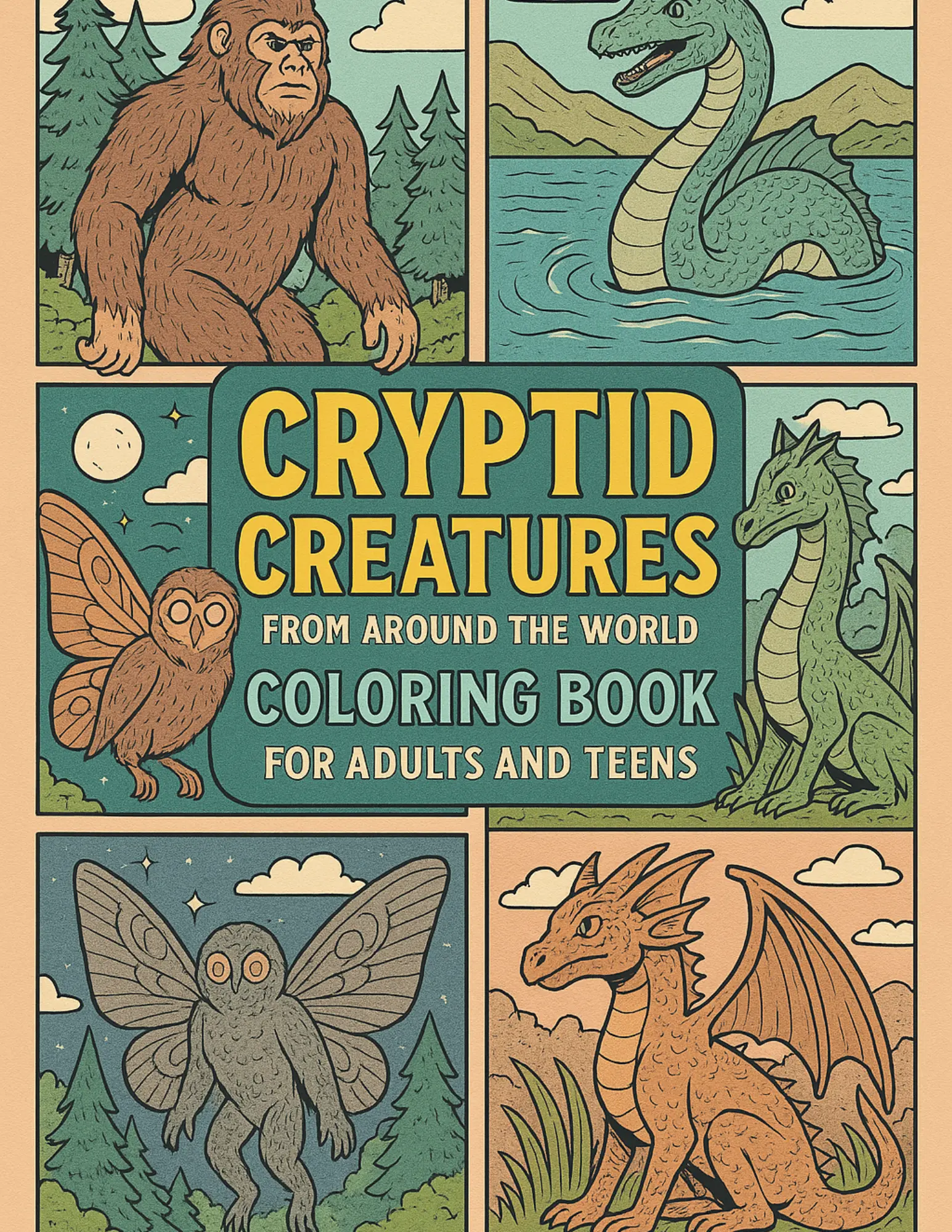 Cryptid Creatures from Around the World Coloring Book Sheets For Adults and Teens
