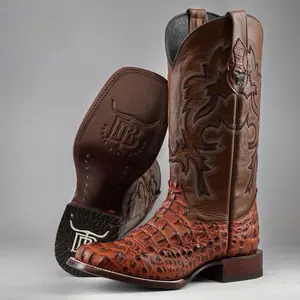 Cognac Caiman Neck Print Leather Boots - Square Toe