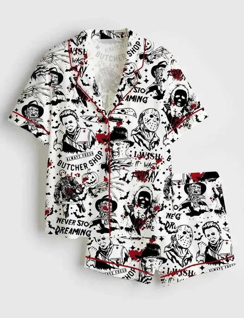 Retro Halloween Horror Movie Pajama Set for Women – Spooky Satin Sleepwear, Silky Loungewear for Horror Fans