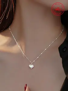 S925 Sterling Silver Heart Shaped Pendant Necklace for Women, Love Heart Necklace, Fashion Rhinestone Decor Jewelry for Party, Daily Decor, Trendy All-match & Exquisite Jewelry for Birthday Gift