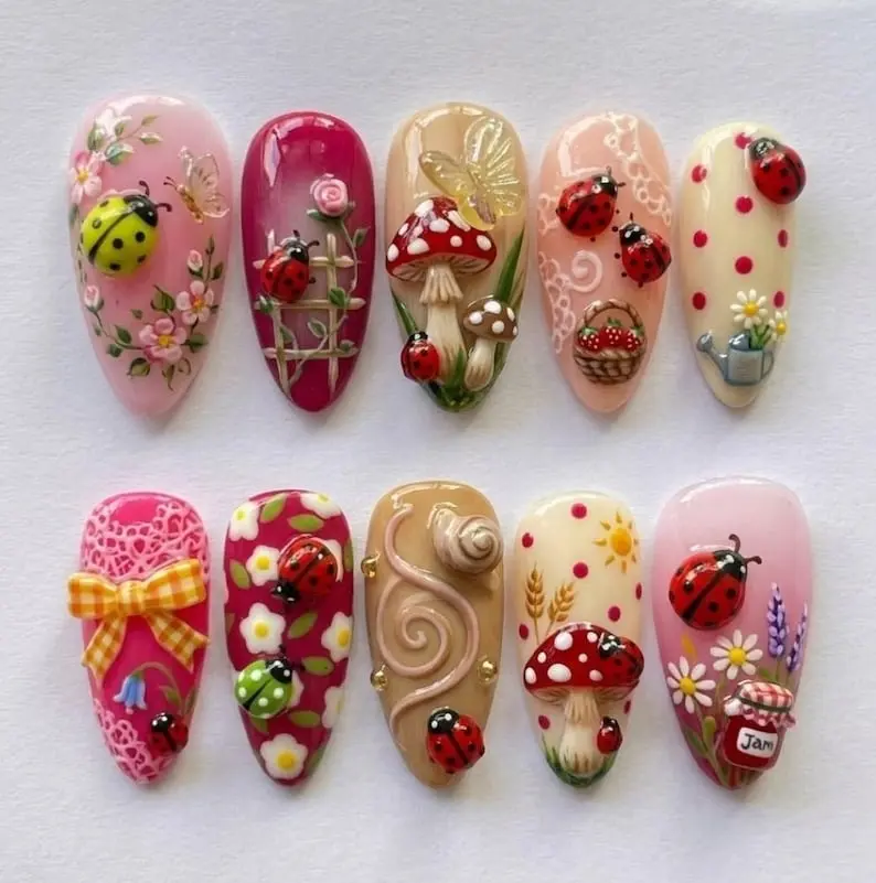Cottagecore Garden Press On Nails 3D Ladybug Mushroom And Strawberry Cute Pastoral Nature