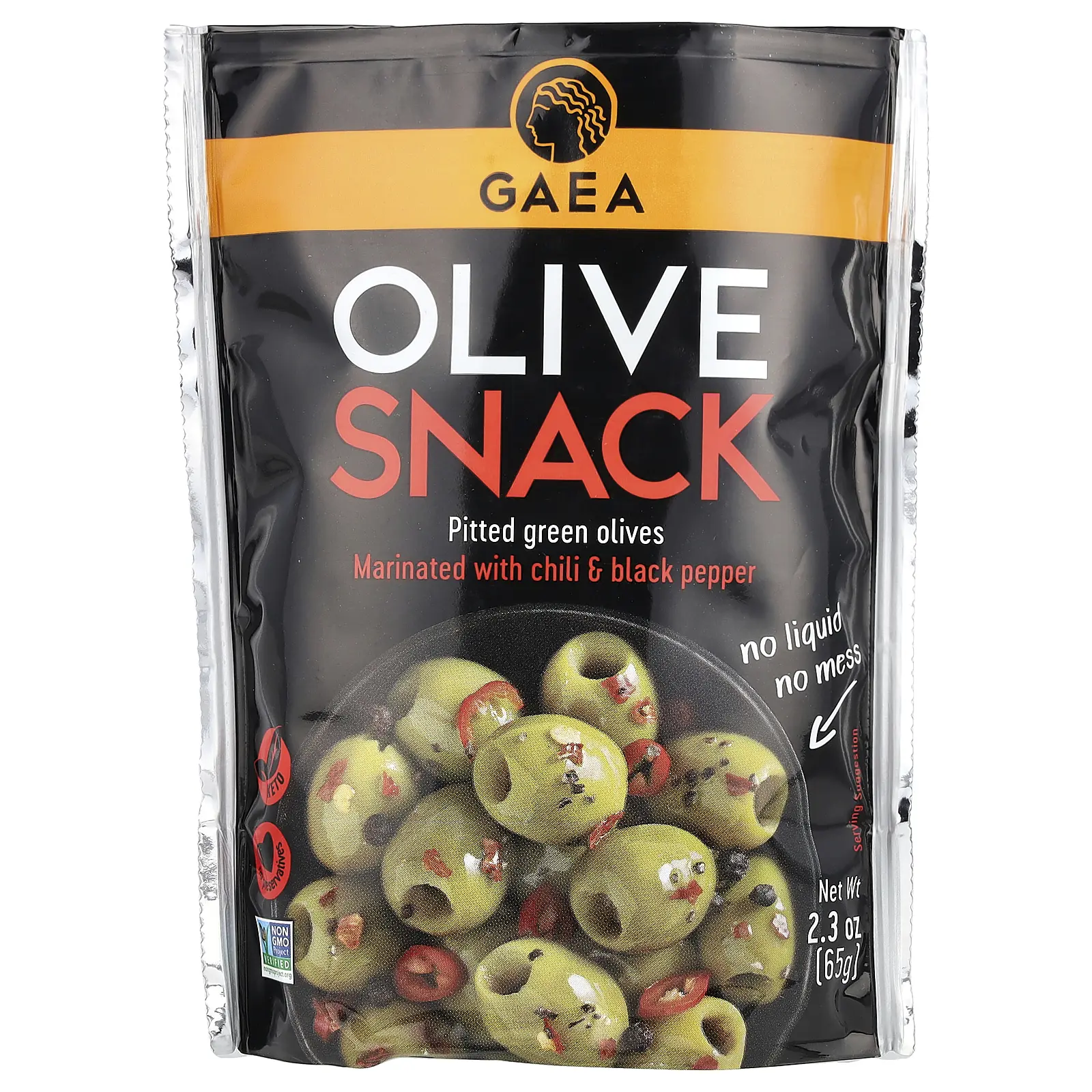Gaea Olive Snack, Pitted Green Olives, Marinated With Chili & Black Pepper, 2.3 oz (65 g)